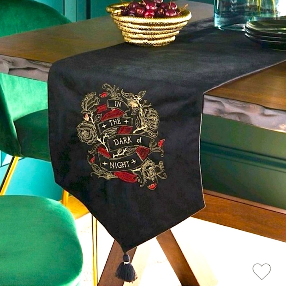 🆕- Threshold-Halloween Embroidered Velvet Black Table Runner with Tassels.